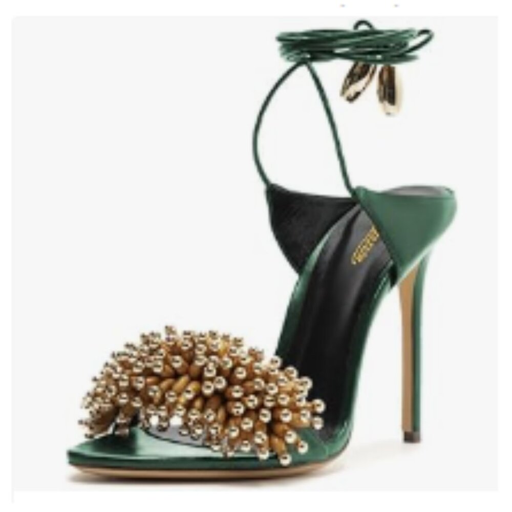 Women's Green Embellished Ankle-Tie Sandals